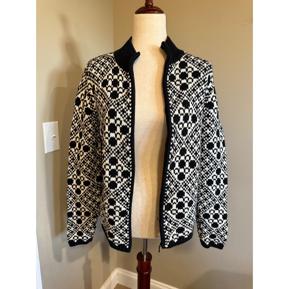 Talbots‎ Black White Geometric Fair Isle Zip Up Cardigan Sweater Women M Cotton
